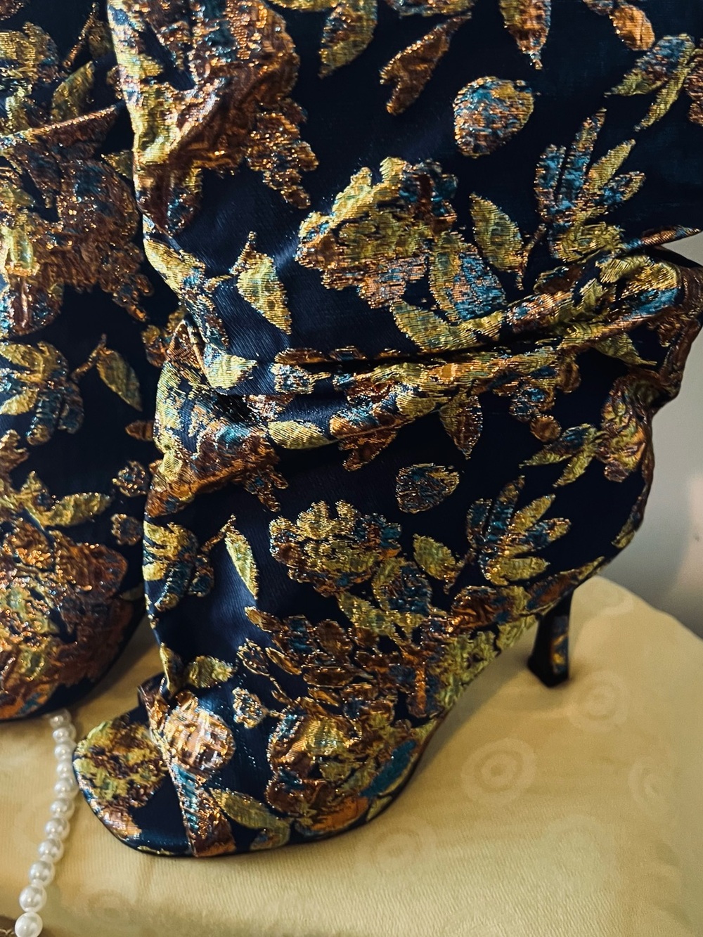 AKIRA Navy Floral Embroidered Slouch Peep-Toe Stiletto Boot - Picture 4 of 8